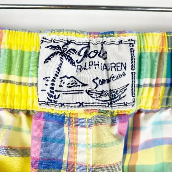 Polo Ralph Laurent Plaid Swim Trunks Preppy Pockets Yellow Plaid Boys Size Med - Picture 11 of 12